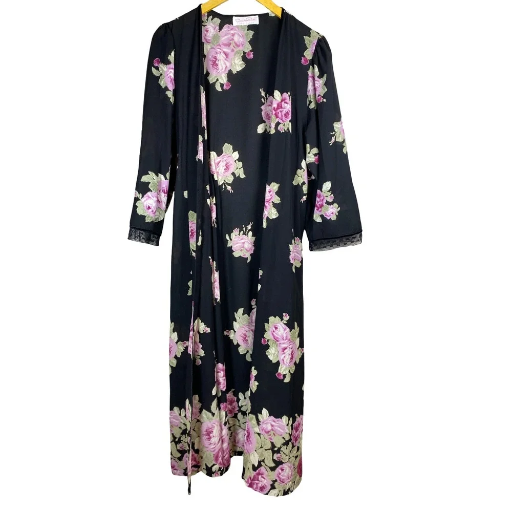 Vintage Oscar de la Renta Pink Label Floral Wrap Robe Rose Chiffon Lace Maxi M